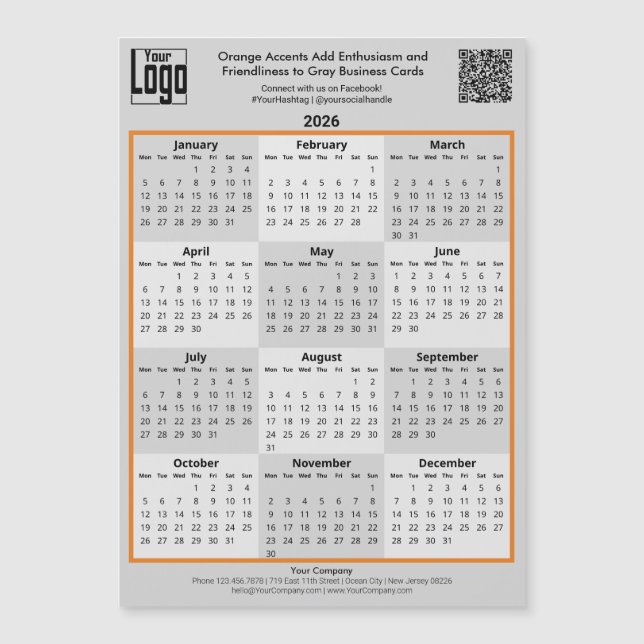 Orange Accents & Logo Gray 2026 Calendar Magnet (Frente)