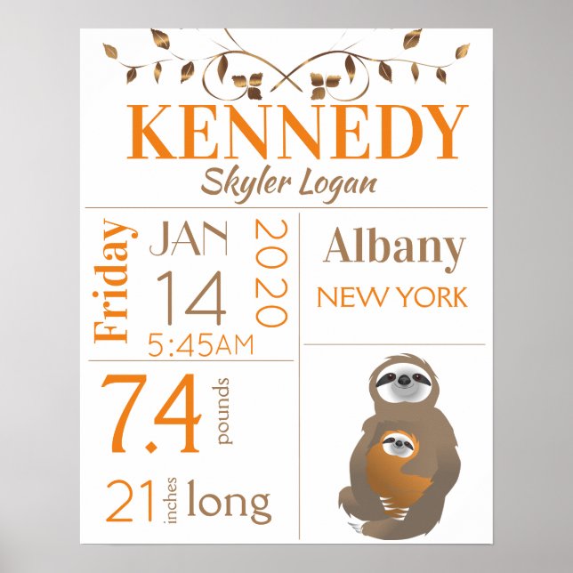 Orange & Brown Sloth Baby Birth Stats Poster (Frente)