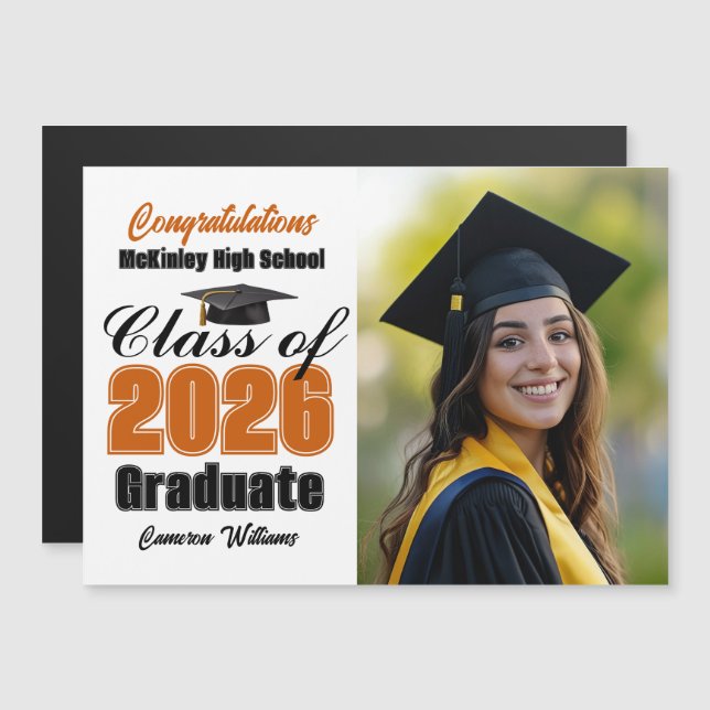 Orange Class of 2026 Graduation Photo Magnet Card (Frente/Verso)