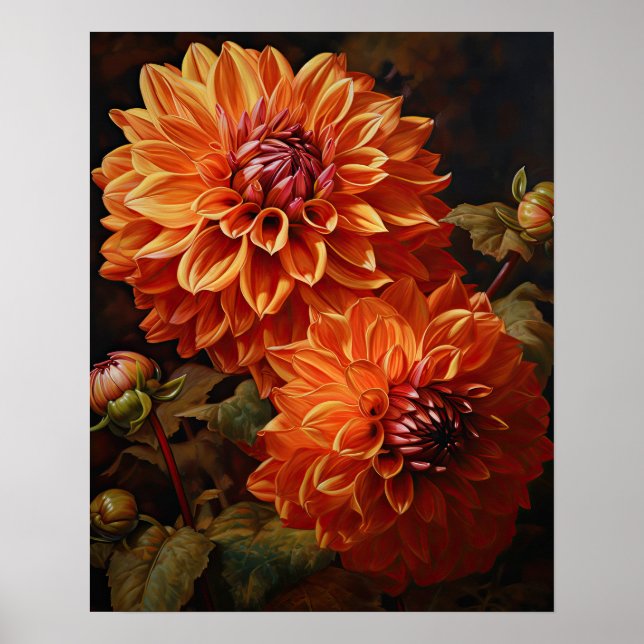 Orange Dahlia Flowers Art Impressão Poster (Frente)