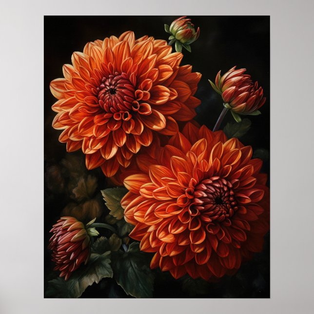 Orange Dahlia Flowers Art Impressão Poster (Frente)