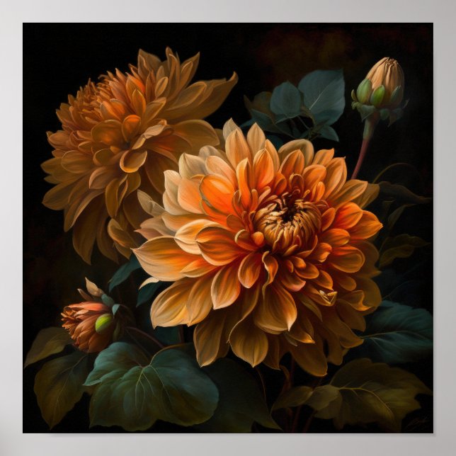 Orange Dahlias Flower Art Impressão Poster (Frente)