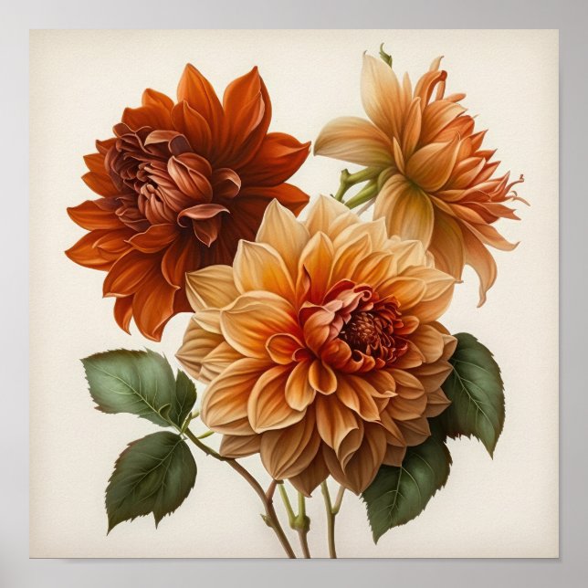 Orange Dahlias Flower Art Impressão Poster (Frente)