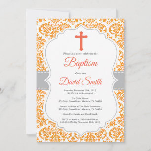 Orange Damask Cross Baptism Convite