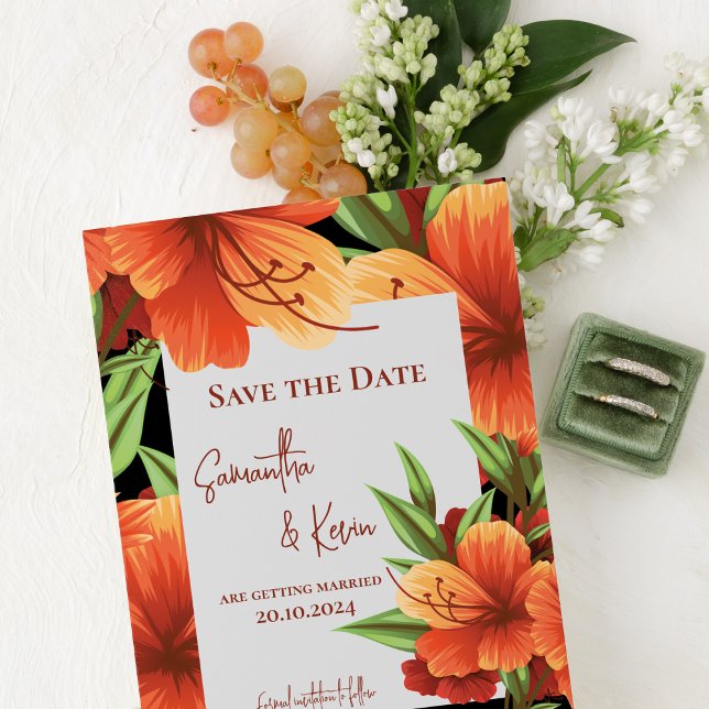 Orange Floral Rustic Boho Casamento Salva A Data (Pretty Orange Floral Wedding Save The Date Invitation)