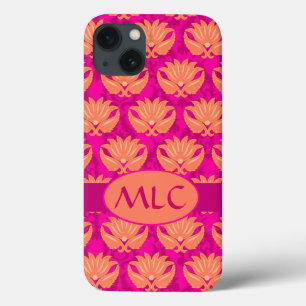 Orange Fuchsia Pink Art Nouveau Damask Monograma
