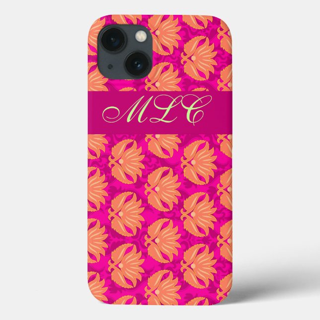 Orange Fuchsia Pink Art Nouveau Damask Monograma (Verso)
