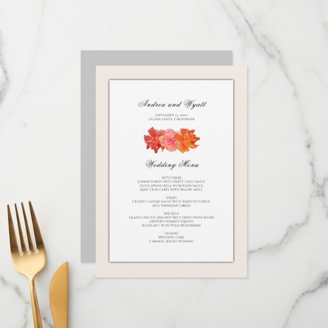 Orange Hibiscus Hawaiian Wedding Menu Modelo (Frente/Verso In Situ)
