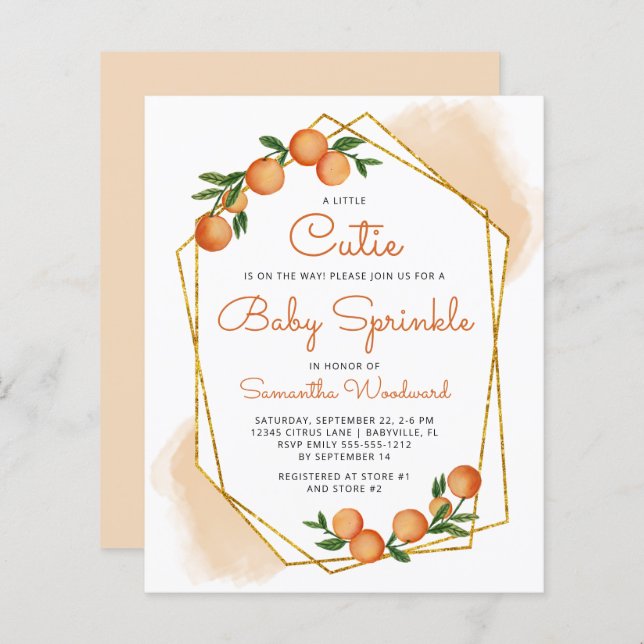 Orange Little Cutirus Citrus Baby Sprinkle Invite (Frente/Verso)