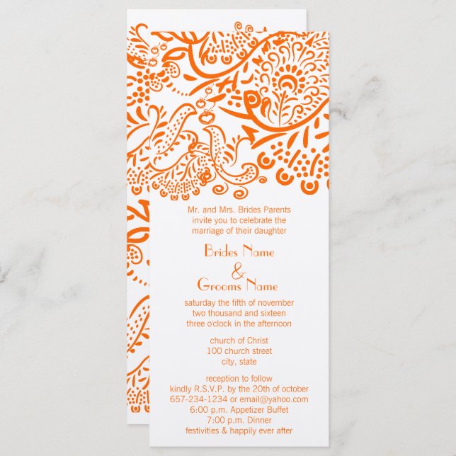 Orange Love Birds Convite Para Casamento (Frente/Verso)