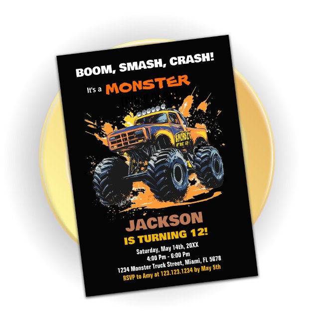 Orange Monster Truck Convite de Aniversário Preto (Orange Monster Truck Birthday Invitations Black)