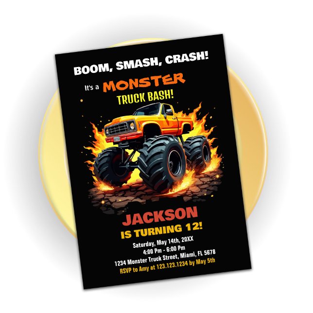 Orange Monster Truck Convite de Aniversário Preto (Orange Monster Truck Birthday Invitations Black)