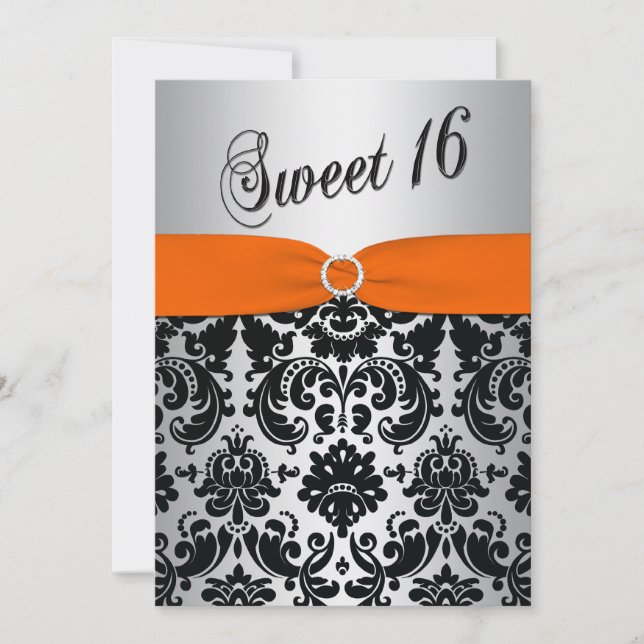 Orange, Silver, Black Damask Sweet 16 Convite (Frente)