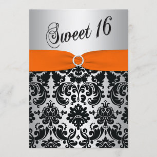 Orange, Silver, Black Damask Sweet 16 Convite