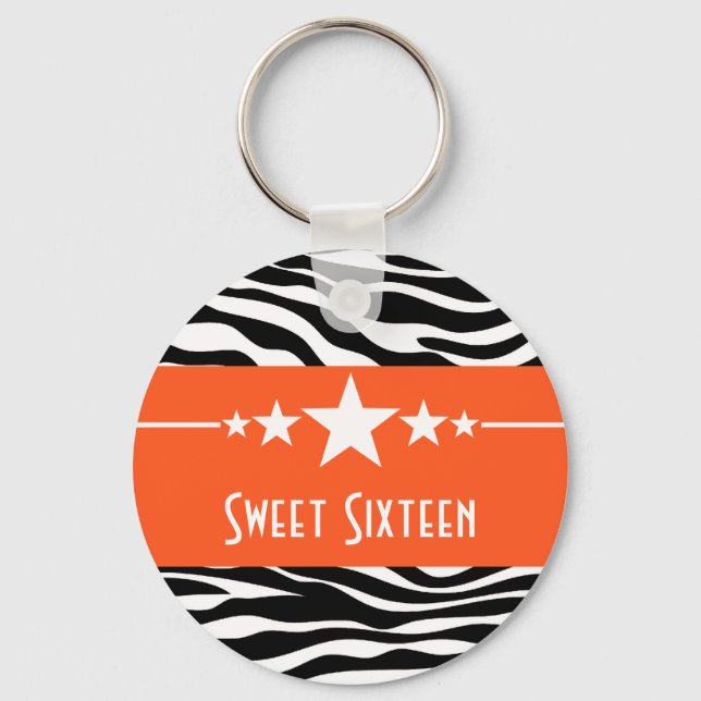Orange Stars Zebra Print Sweet 16 Chaveiro (Frente)
