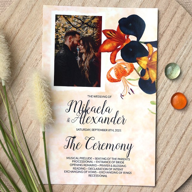 Orange Tiger Lily, Programa de Casamento de Lírios (Orange Blue Fall Flowers Wedding Photo Invitations, Botanical Tiger Lily Wedding Announcements)