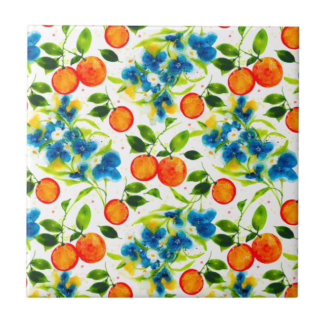 Oranges & Blue Blossoms Watercolor Art (Frente)