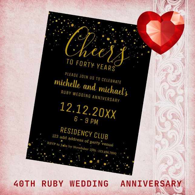 Orçamento 40º Aniversário do Casamento Ruby Dourad ( Ruby Wedding Anniversary - black and gold cheers to 40 years invitation to  celebrate the occasion.)