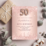 Orçamento 50º Aniversário convite à rosa de ouro<br><div class="desc">Um convite moderno, na moda e glamouroso para a 50ª festa de aniversário. Um fundo metálico rosa dourado falso com um brilho elegante rosa dourado, pintura gota-a-gota. O nome é escrito com um moderno e escuro, rosa dourado, escrito com letra de estilo manuscrito. Personalize e adicione os detalhes da sua...</div>