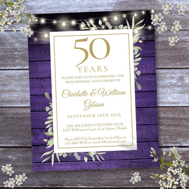 Orçamento 50º Aniversário Convite Russo Roxo (Budget 50th Anniversary Purple Rustic Invitation)
