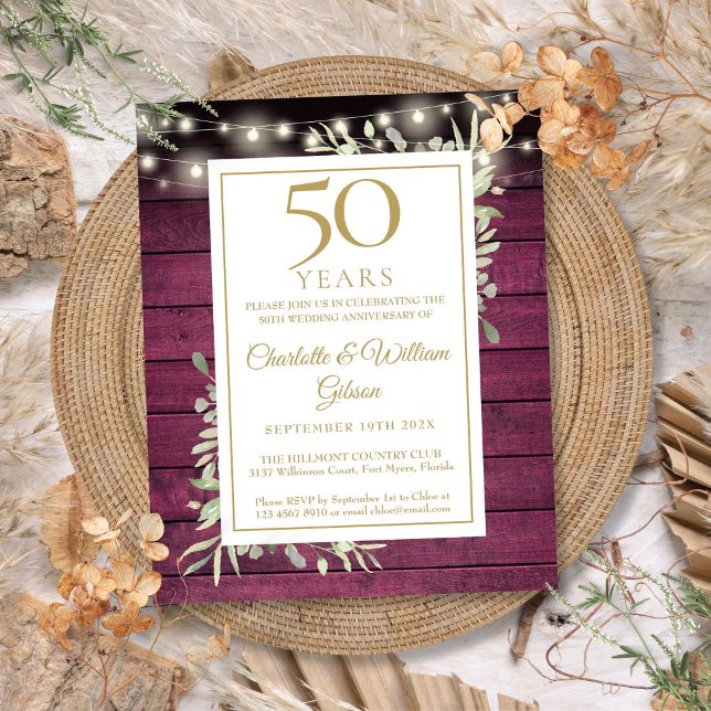 Orçamento 50º Aniversário da Madeira Vermelha Conv (Budget 50th Anniversary Red Wood Floral Invitation)