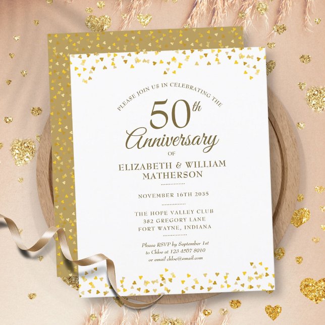 Orçamento 50º Aniversário, Dourado Coração Convite (Budget 50th Anniversary Gold Hearts Invitation)