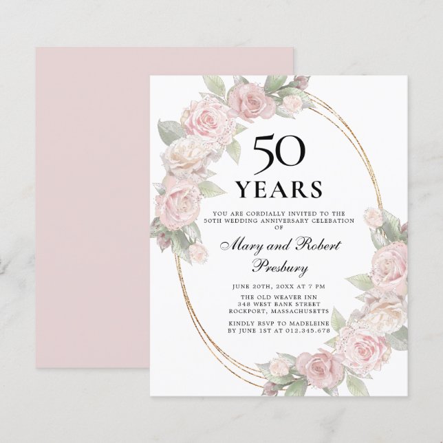 Orçamento 50º Aniversário, Rosa, Convite Floral (Frente/Verso)