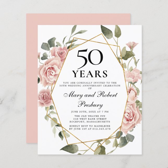 Orçamento 50º Aniversário, Rosa, Convite Floral (Frente/Verso)