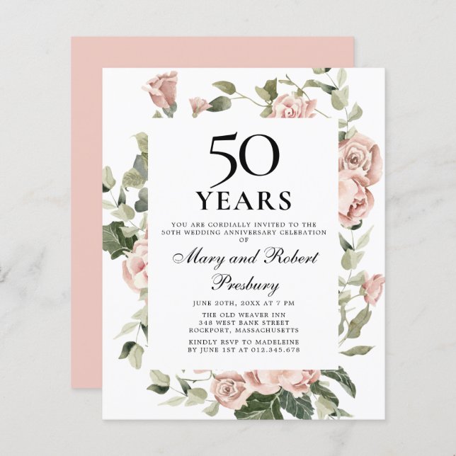 Orçamento 50º Aniversário, Rosa, Convite Floral (Frente/Verso)