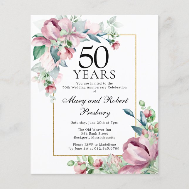 Orçamento 50º Aniversário, Rosa, Convite Floral (Frente)