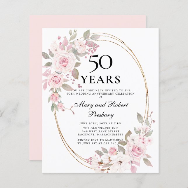 Orçamento 50º Aniversário, Rosa, Convite Floral (Frente/Verso)