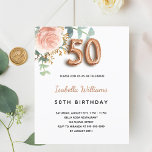 Orçamento 50 anos rosa de ouro eucalipto floral<br><div class="desc">Um convite elegante para a 50ª festa de aniversário. Um fundo branco chic. Decorados com um rosa de ouro e rosa cor-de-rosa-esbranquiçada, folhas de eucalipto florais, verdes, galhos, verde e borras de ouro. Personalize e o nome e os detalhes da festa. Letras pretas e ouros. O nome é escrito com...</div>