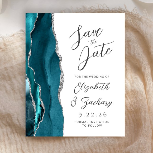 Orçamento Ágata Azul Teal Prata Script Salve o Dia (Criador carregado)