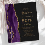Orçamento Agate Dourado Púrpura Escuro 50º Anivers<br><div class="desc">A borda esquerda deste elegante e moderno convite de aniversário 50º apresenta uma borda agitada com aquarela púrpura,  aparada com brilho dourado. O texto personalizável combina manuscrito dourado,  fontes em copperplate e itálico em um fundo preto de slate. O verso apresenta um design de agate roxo e dourado correspondente.</div>
