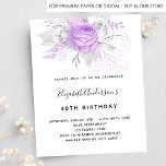 Orçamento Aniversário Púrpura de prata floral<br><div class="desc">Para uma festa de aniversário de 40ª (ou qualquer idade). Um fundo branco na moda. Decorados com florais roxos e brancos,  rosas e folhagem prateada. Personalize e adicione um nome e detalhes da parte.</div>