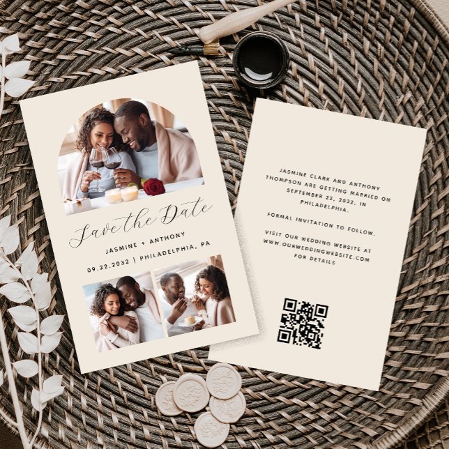 Orçamento Arco 3-Foto Bege Código QR Salvar a Data (Criador carregado)