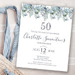 Orçamento Azul Floral 50º Convite de Aniversário<br><div class="desc">Uma peônia azul empoeirada e flores silvestres decoram um bonito convite de aniversário. A caligrafia moderna acrescenta ao Boho Vibe.</div>