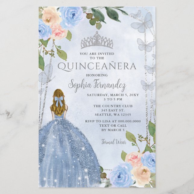 Orçamento Azul Prata Floral Princesa Quinceañera (Frente)