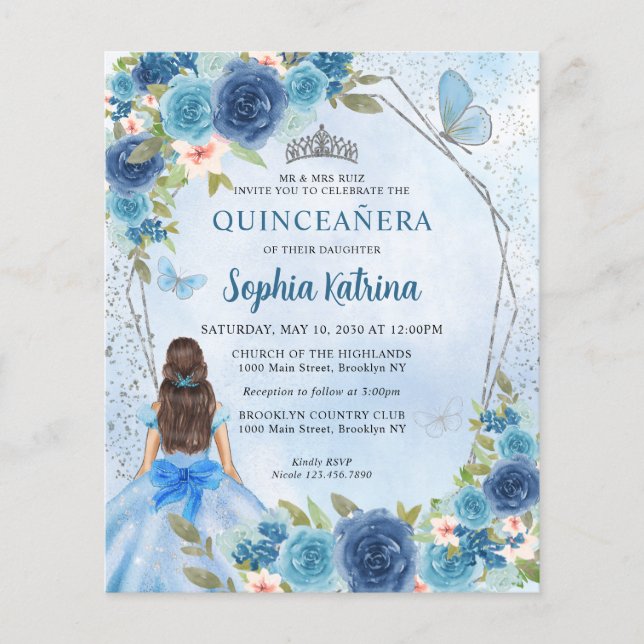 Orçamento Azul Prata Floral Princesa Quinceañera (Frente)