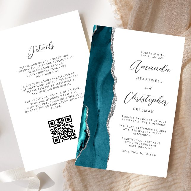 Orçamento Azul Teal Prata Ágata Código QR Casament (Criador carregado)