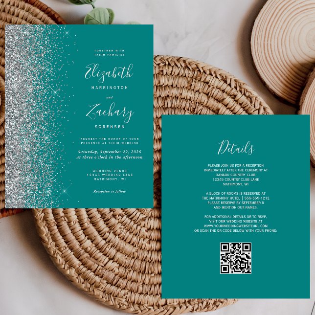 Orçamento Azul Teal Prata Brilho Código QR Casamen (Criador carregado)