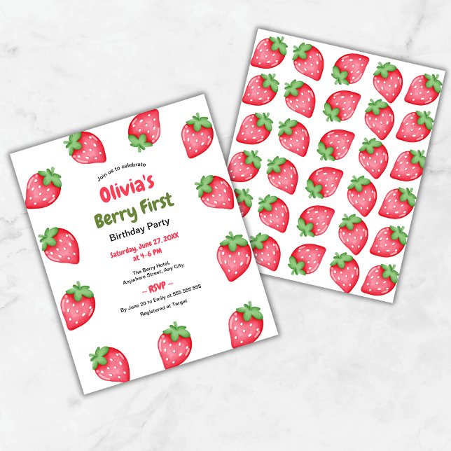 Orçamento Berry Primeiro Convite para primeiro ani (Budget Berry First Birthday Strawberry 1st Birthday Invitation )