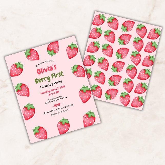 Orçamento Berry Primeiro Convite para primeiro ani (Budget Berry First Birthday Strawberry 1st Birthday Invitation )