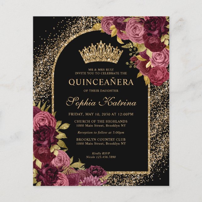Orçamento Black Burgundy Glam Dourado Floral Quinc (Frente)