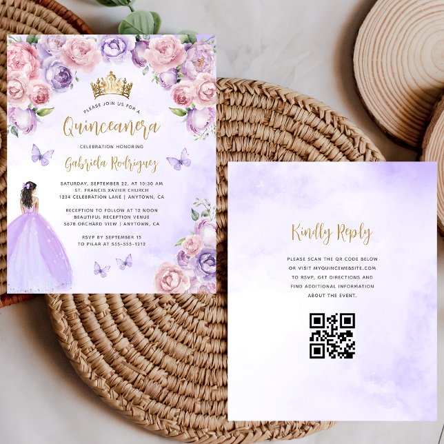 Orçamento Blush Roxo Floral Código QR Quinceañera (Criador carregado)