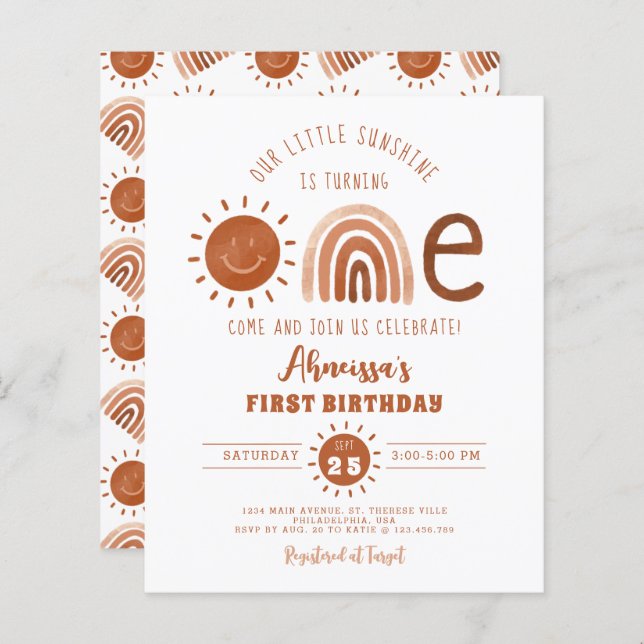 Orçamento Boho Arco-Íris Pequeno Sol Primeiro Aniv (Frente/Verso)