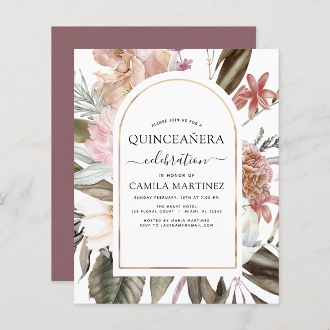 Orçamento Boho Burgundy Quinceañera Floral (Frente/Verso)