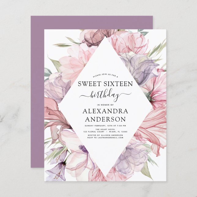 Orçamento Boho Dusty Purple Sweet 16 Aniversário F (Frente/Verso)
