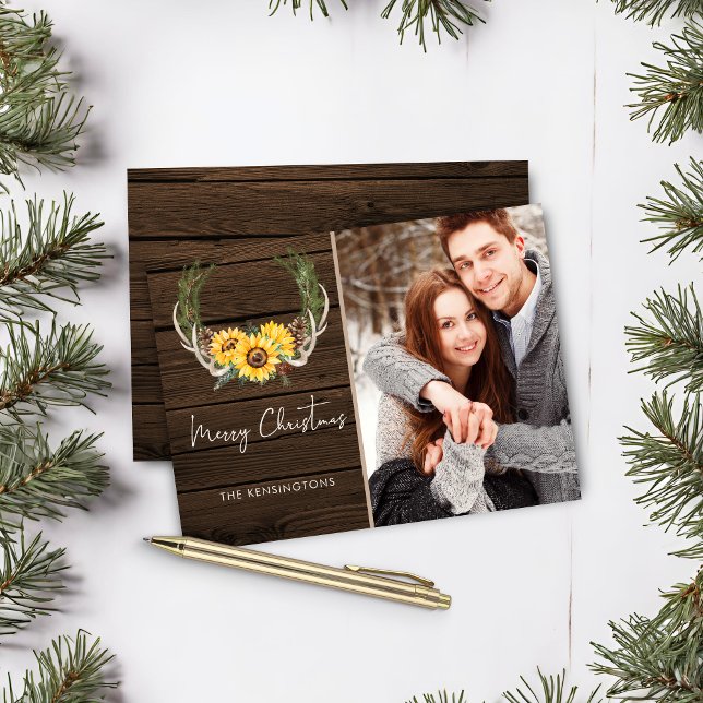 Orçamento Boho Natal Feriado de Sunflower Foto (Budget Boho Christmas Sunflower Holiday Photo Card)