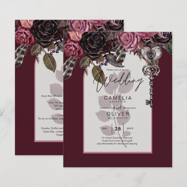 Orçamento Borgonha Blush Convite de casamento Flor (Frente/Verso)